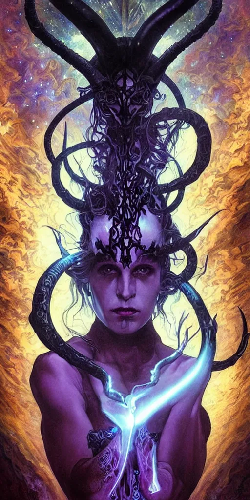 Prompt: intense glowing black metal pagan god with horns and veins and intense glowing eyes and a skull in very dark cosmic space by karol bak and artgerm and alphonse mucha, portrait, fantasy, clear, light beams, lens flare, intense, uhd, amazing depth, cinematic lighting, purple and violet and indigo and blue