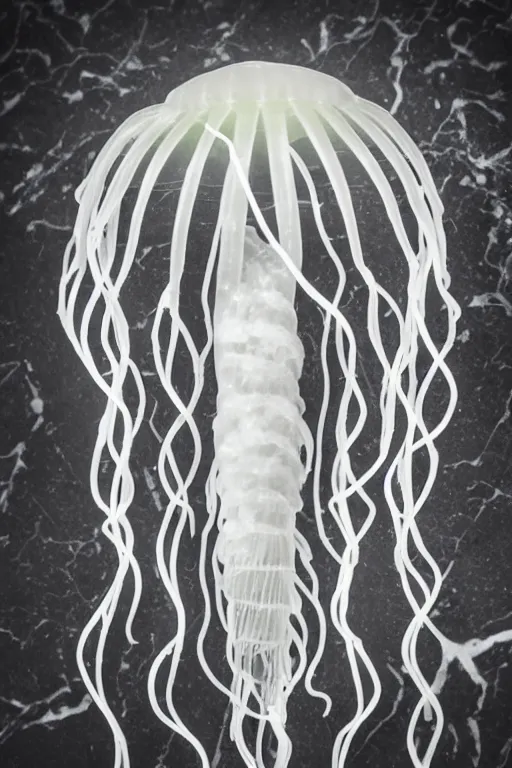 Prompt: a beautifully carved intricate marble statue of a jellyfish, black background, product photography