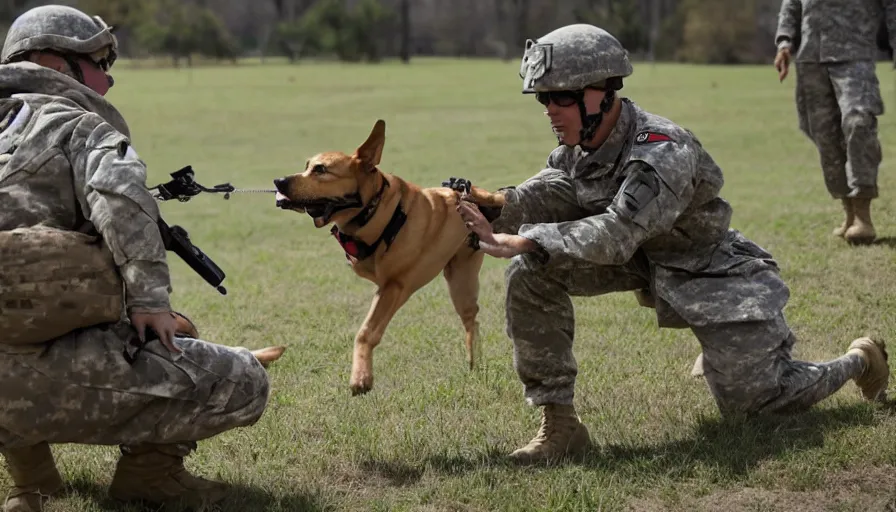 Image similar to a soldier sends a dog to attack a cyborg