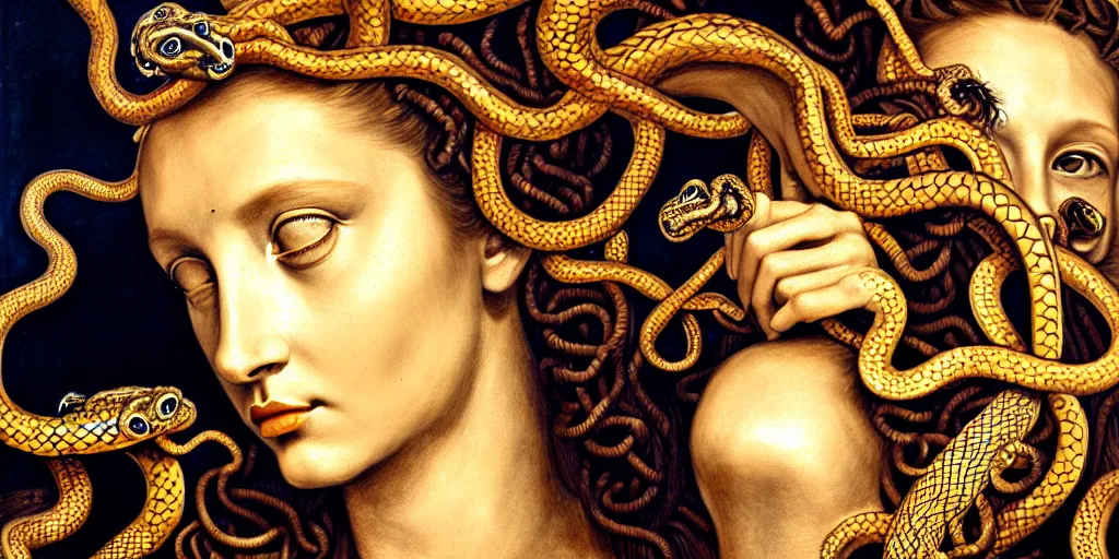 Image similar to realistic portrait of beautiful medusa with her snakes, golden, facing the camera, delicate, hyper realism, 1 4 5 0, ink, ultra realistic, 8 k