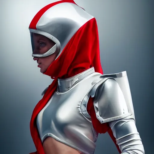 Image similar to portrait of a athletic female soldier in glossy sleek white armor with tiny red details and a long red cape, heroic posture, on the surface of mars, night time, dramatic lighting, cinematic, sci-fi, hyperrealistic