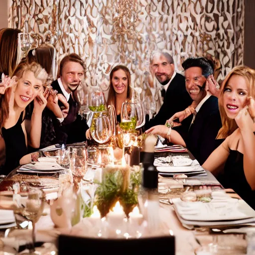 Image similar to closeup photo of a fancy dinner party in which everyone and everything is moist.