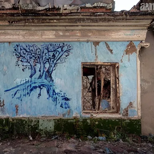 Image similar to fantastic painting intact on wall of a dilapidated war torn house