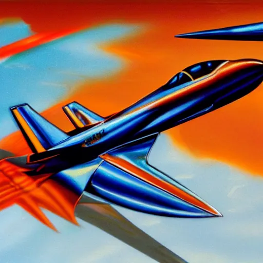 Prompt: Chrome fighter jet, blue and orange chrome, shiny, desert chrome, 19801980s airbrushed chrome