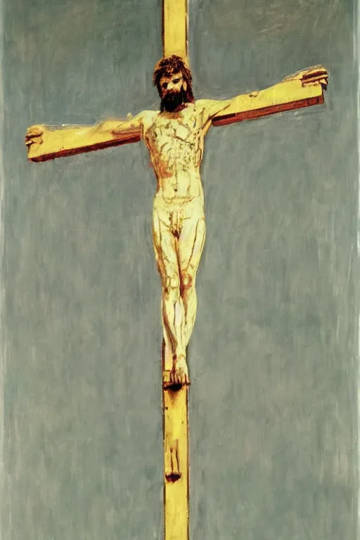Image similar to a huge light beam illuminating jesus christ crucified painted by cy twombly and andy warhol