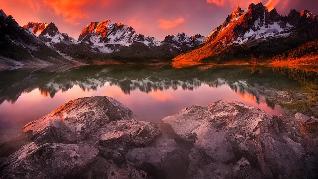 Image similar to amazing landscape photo of mountains with lake in sunset by marc adamus, beautiful dramatic lighting