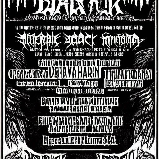 Image similar to black metal concert flyer, black metal logos, unreadable, 3 band lineup, local bar, d. i. y. venue