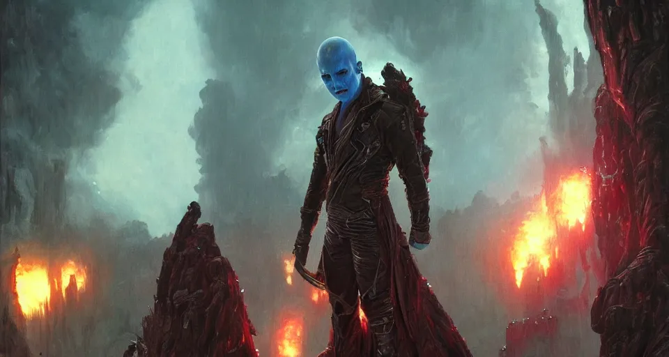 Image similar to realistic landscape beautiful detailed painting of cinematic movie screenshoot, vampiric yondu in gotg 1. action sequence, created by gustave dore and greg rutkowski, high detailed, smooth draw, synthwave neon retrofuturism, intricate, realistic proportions, dramatic lighting, trending on artstation.