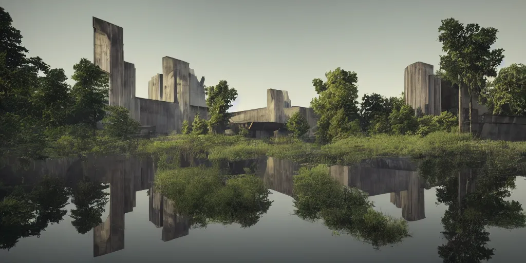 Image similar to an extremely detailed cathedral of brutalist architecture, surrounded by lush green forest, accurate reflections in murky ponds of water, stunning volumetric lighting, sunset, rusted steel, smooth concrete, stunning skies, trending on Artstation, 8k, photorealistic, hyper detailed, unreal engine 5, IMAX quality, cinematic, epic lighting, in the style of Greg Rutkowski