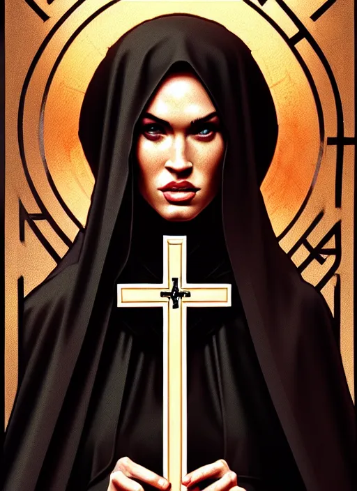 Image similar to portrait of megan fox as a nun with satanic cross, catholic, church, bible, christian, intricate, headshot, highly detailed, digital painting, artstation, concept art, sharp focus, cinematic lighting, illustration, art by artgerm and greg rutkowski, alphonse mucha, cgsociety