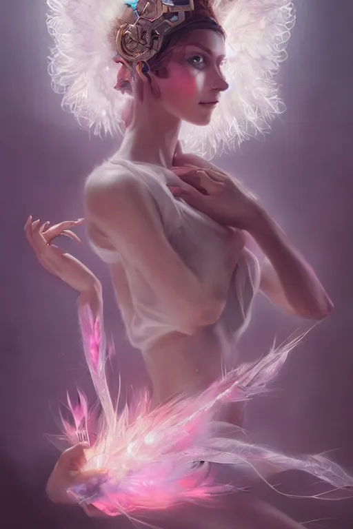 Image similar to beautiful model wearing crystal white feathers, pink magic, vortex, angel, fantasy, dramatic lighting, highly detailed, digital painting, holding electricity, magic the gathering, 3 d render, hyper realistic detailed portrait, peter mohrbacher, wlop, ruan jia