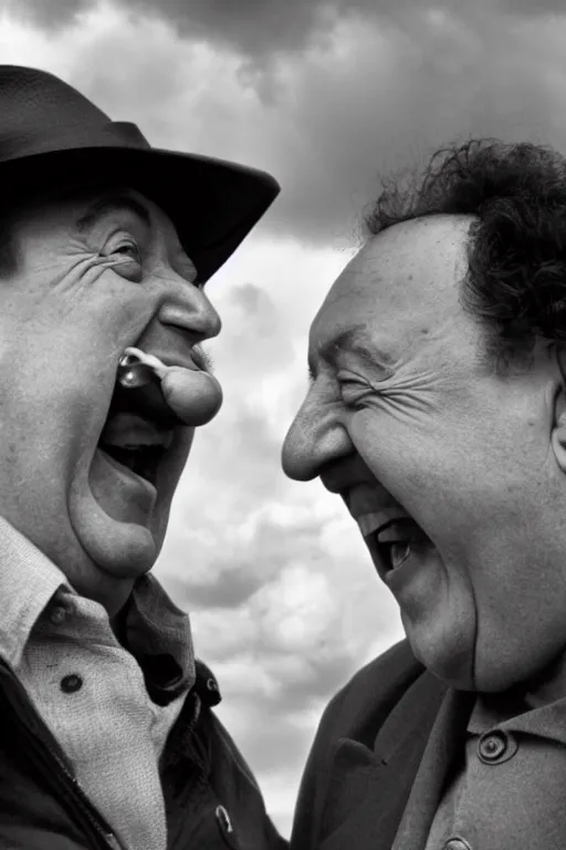 Prompt: close - up, photography of coluche and pierre desproges laughing, clouds everywhere