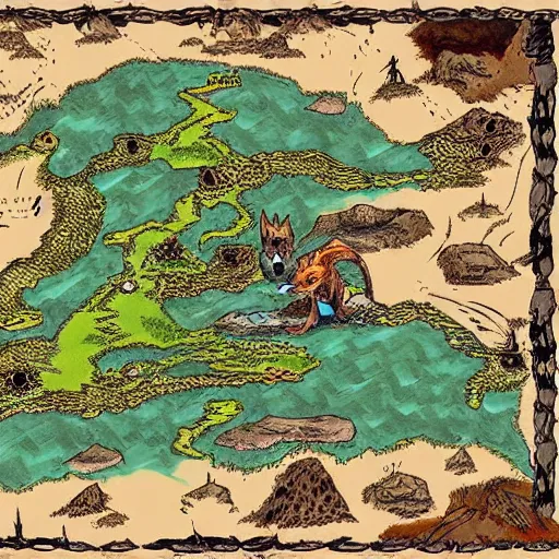 Prompt: dungeons and dragons map that looks like a fox, early 2000s artwork