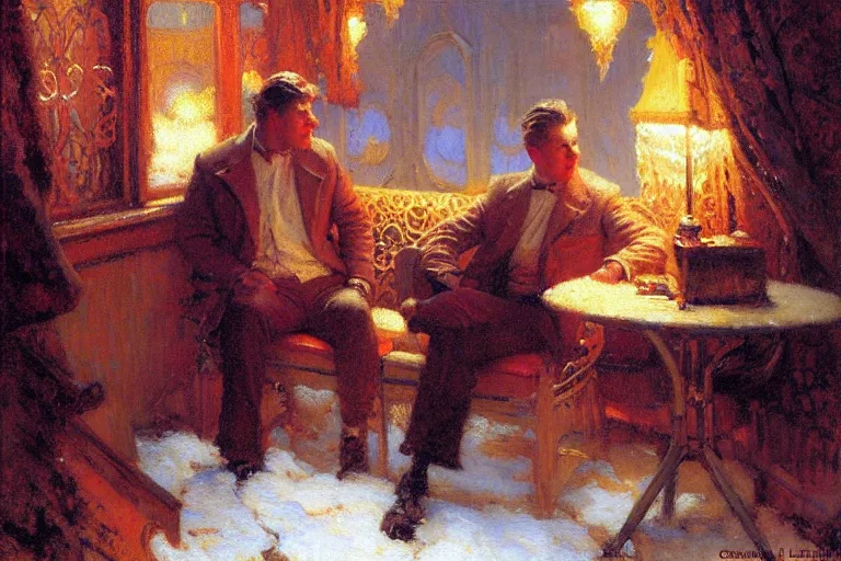 Image similar to winter, attractive male, neon light, painting by gaston bussiere, craig mullins, j. c. leyendecker