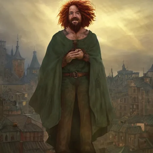 Image similar to a rugged man with curly red hair wearing a green cloak playing a guitar sitting on a roof top, medieval setting, entire city visible, zoomed out, atmospheric lighting, painted, intricate, volumetric lighting, beautiful, rich deep colours masterpiece, golden hour, digital art, by leesha hannigan, ross tran, thierry doizon, kai carpenter, ignacio fernandez rios