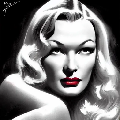 Image similar to portrait of veronica lake, intricate, elegant, glowing lights, highly detailed, digital painting, artstation, glamor pose, concept art, smooth, sharp focus, illustration, art by frank frazetta, william mortensen, arny freytag