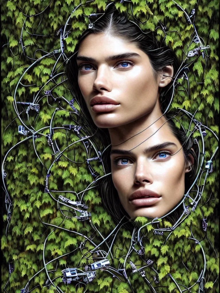 Prompt: sara sampaio cyborg robot, artificial intelligence, portrait, sci - fi theme, entwined in tree roots and ivy and wires, a hummingbird robotic flies next to her face, dystopian landscape, connected to nature via vines, branches, wires, technology, detailed intricate, highly detailed, hyper - realistic, futuristic, volumetric lighting, art by artgerm