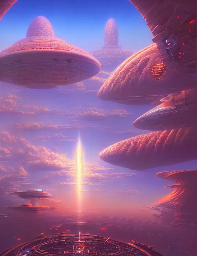 Prompt: a futuristic advanced utopia in the clouds, tim hildebrandt, wayne barlowe, bruce pennington, donato giancola, trending on artstation, cinematic composition, beautiful lighting, hyper detailed, 8 k, oil on canvas