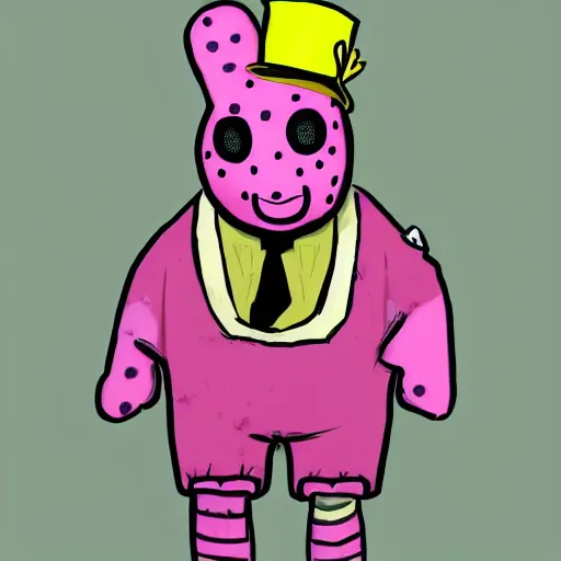 Prompt: high detail concept art of pink Mr Blobby with yellow spots as a Dead by Daylight character, 4k, terrifying, character portrait