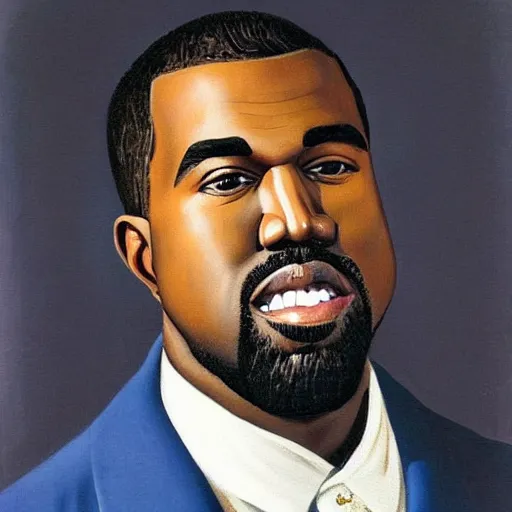 Image similar to beautiful portrait of kanye west smiling. painted by rene magritte, 1 9 2 7. oil on canvas.