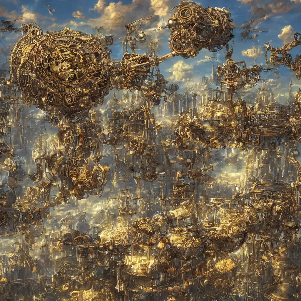 Image similar to flying steampunk city in an enormous mechanical flower, sky, fantasy art