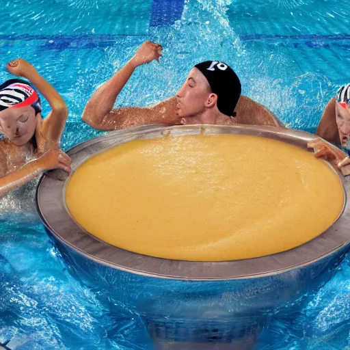 Prompt: uhd photo of olympic swimmers swimming in cheese sauce instead of water, uhd hyperdetailed photography, photo by annie leibowitz