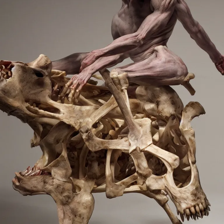 Image similar to hyperrealistic sculpture of a giant wolf skeleton with some flesh attached on a pedestal by ron mueck and duane hanson and damien hirst, hyperrealistic dramatic colored lighting trending on artstation 8 k