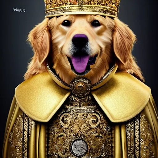 Image similar to Photomanipulation of golden retriver is dressed as a king, ultrarealism, photorealism, detailed, crown and gown