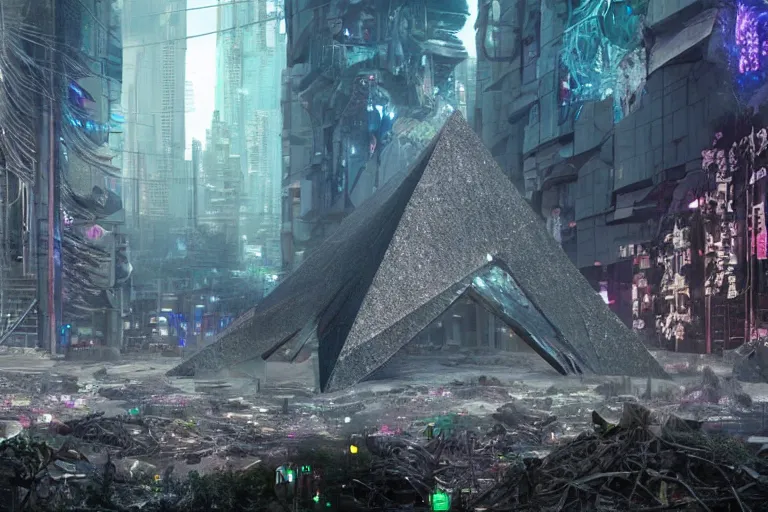 Image similar to a triangular portal structure made from crystals in the centre of an abandoned overgrown cyberpunk city, matte painting, unusual composition