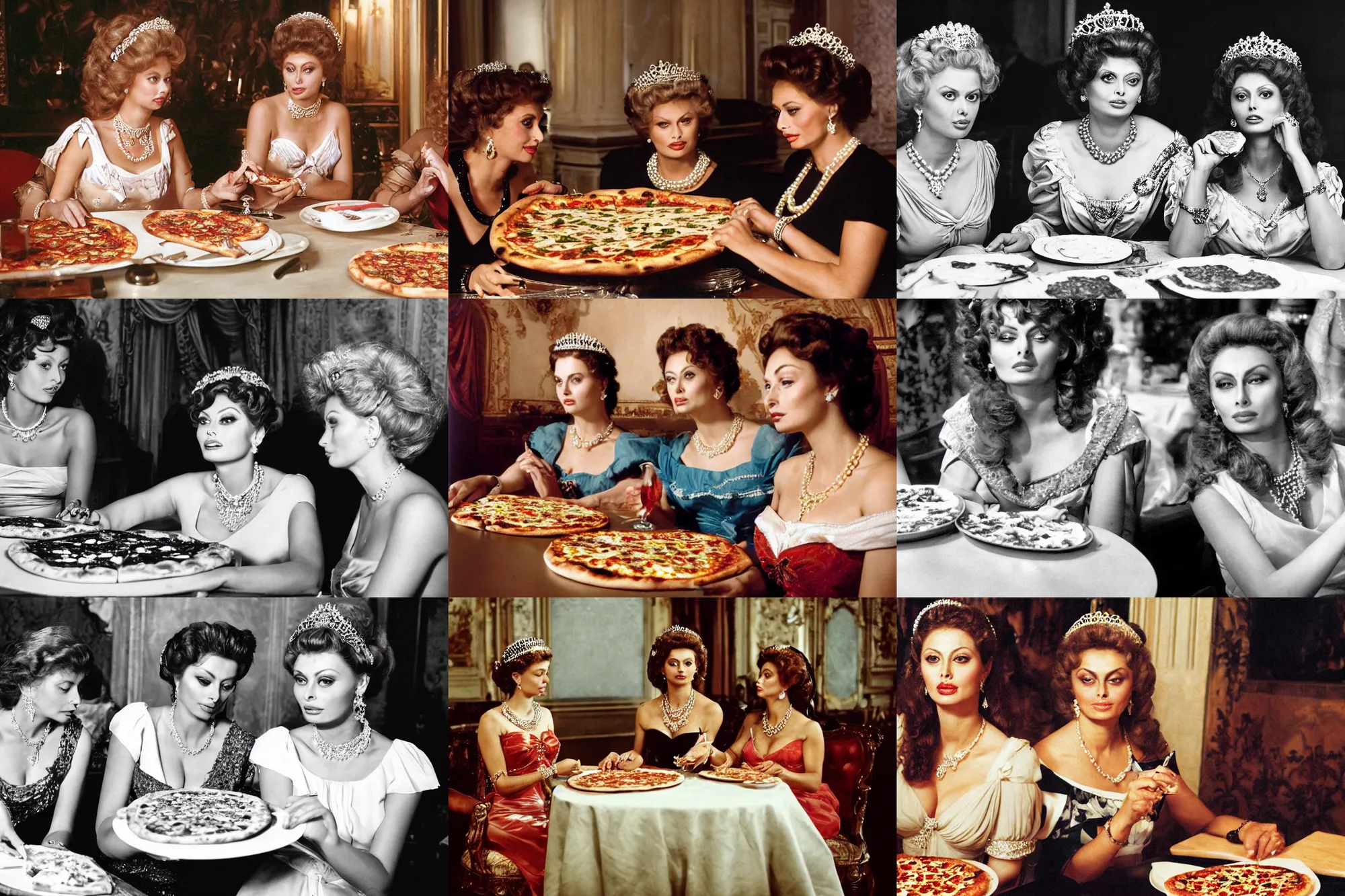 Prompt: a highly detailed photo of two young beautiful women sitting at a long take sharing a pizza margherita, queen margherita of savoy with tiara and pearl necklace, and sophia loren with black flowing hair, smooth lighting, masterpiece, timeless, photography by richard jenkins