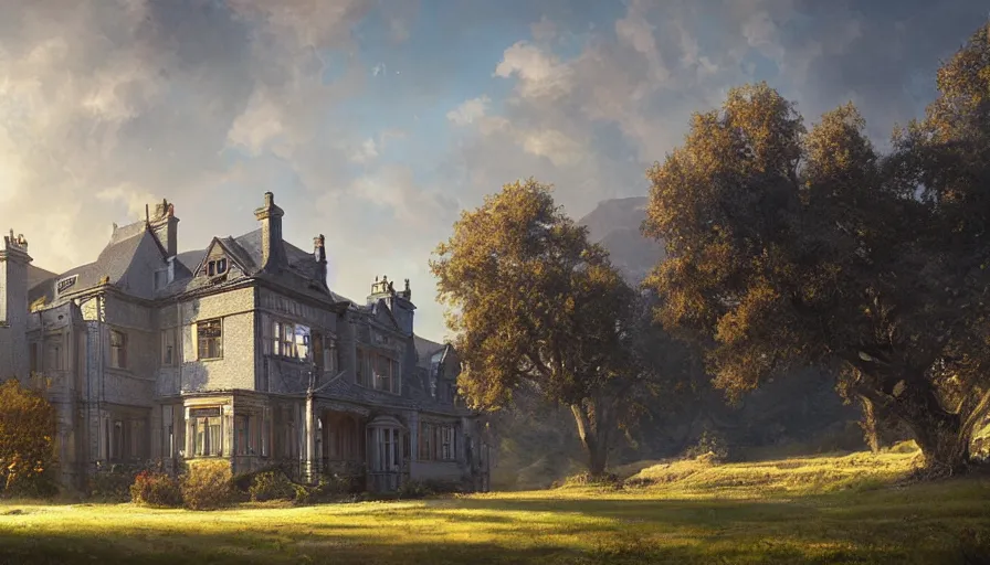 Prompt: portrait of a victorian manor house overlooking a valley, highly detailed, architecture, sunny, blue sky, cinematic lighting, highly angle, godrays, volumetric, digital art painting by greg rutkowski