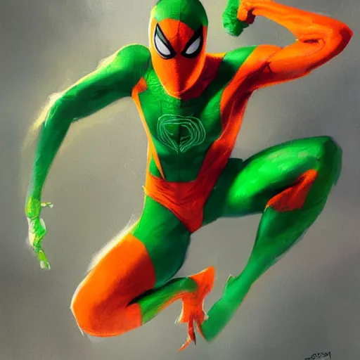 Image similar to an orange and green spiderman by greg rutkowski