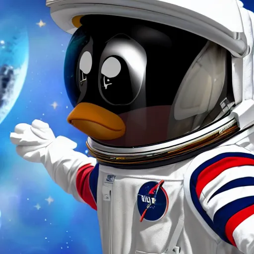 Prompt: cute astronaut penguin, helmet on, floating on space, disney style, 8 k