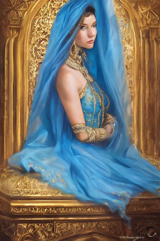 Image similar to detailed painting of a beautiful princess wearing a blue dress with veil inside the interior of an ornate Middle eastern palace by Stanely Artgerm, green eyes, gold jewellery, black hair, majestic, beauty, dramatic light, turquoise color scheme, Trending on Artstation