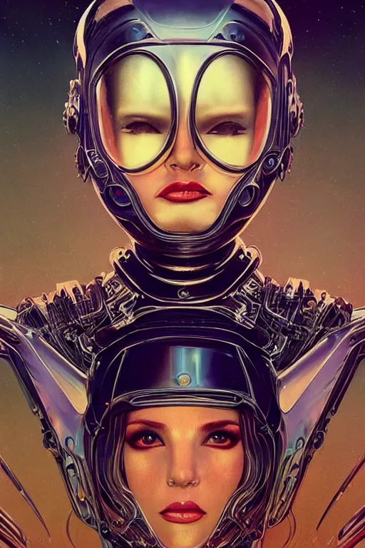 Prompt: retro-futuristic portrait of a beautiful female android in old scratchy chrome armour, ornate background, rim light, ornate pattern, glowing eyes, evil expression, high details, intricate details, renaissance painting by vincent di fate, artgerm julie bell beeple, 80s, Smooth gradients, High contrast, depth of field, very coherent symmetrical artwork