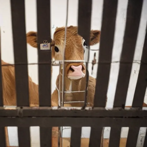 Prompt: cute calf dressed as an inmate behind bars