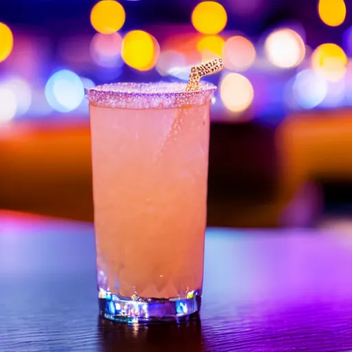 Prompt: a Malibu drink, close up, 100mm, cold glass, bar lights in the background, bokeh