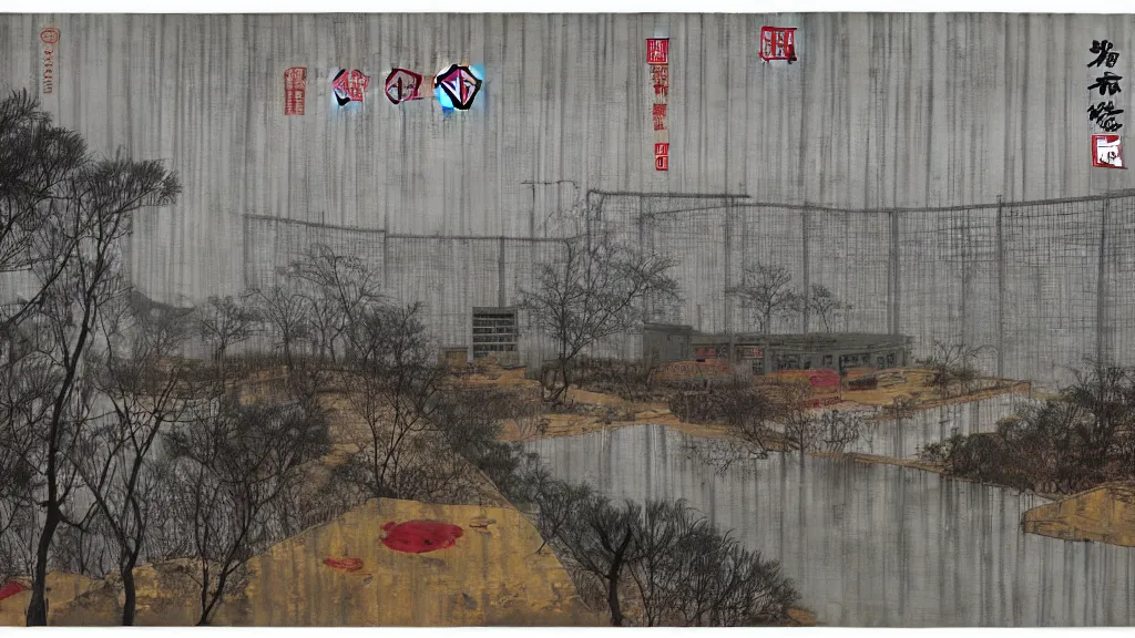 Image similar to a chinese prison near a river by peter doig, muted grey colors, overlaid with chinese adverts