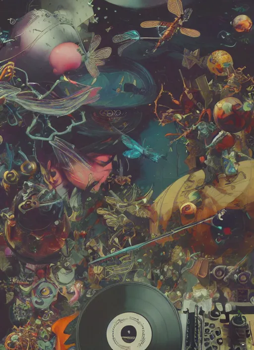 Image similar to surreal gouache painting, by yoshitaka amano, by ruan jia, by Conrad roset, by good smile company, detailed anime 3d render of a Magical flying Vinyl records , DJ Mixer, deck surrounded by Dragonfly,flying Vinyl records, controller, portrait, cgsociety, artstation, rococo mechanical and Digital and electronic, dieselpunk atmosphere
