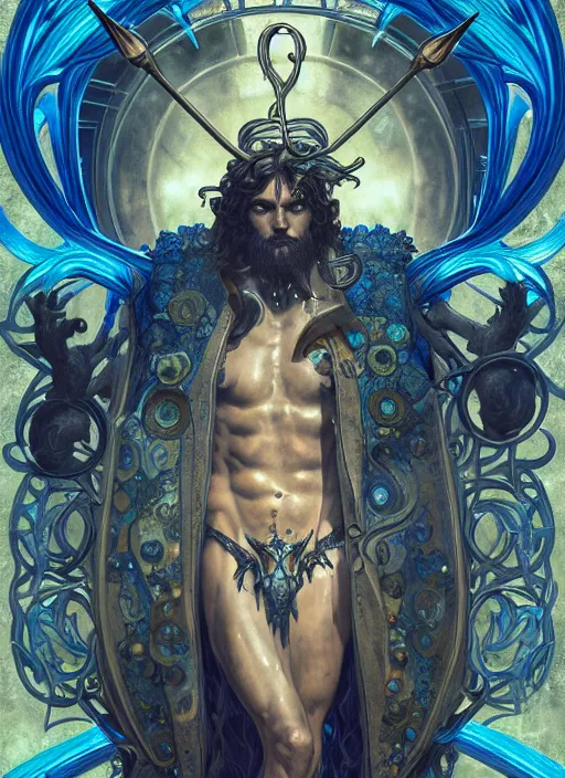 Prompt: the god poseidon with trident, glowing eyes, volumetric lights, blue and cyan scheme, art nouveau botanicals, gothic, intricate, highly detailed, digital painting, artstation, concept art, smooth, sharp focus, symmetric face, illustration, art by artgerm and greg rutkowski and alphonse mucha