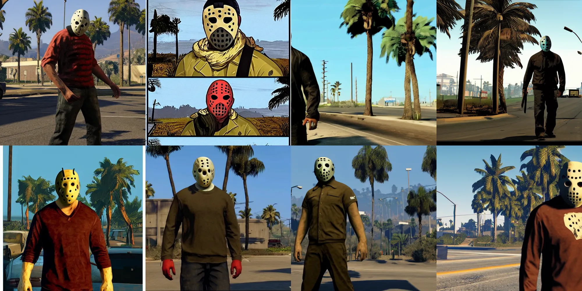 Prompt: Jason Voorhees in GTA V. Los Santos in the background, palm trees. In the art style of Stephen Bliss