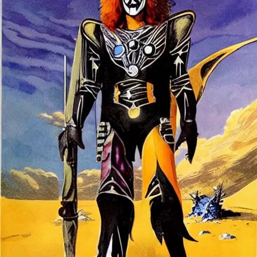Image similar to Ace Frehley (KISS) as the Spaceman, a high fantasy medieval warrior, high quality, character art, concept art, by Jeffrey Catherine Jones, Michael Whelan and Angus McBride.