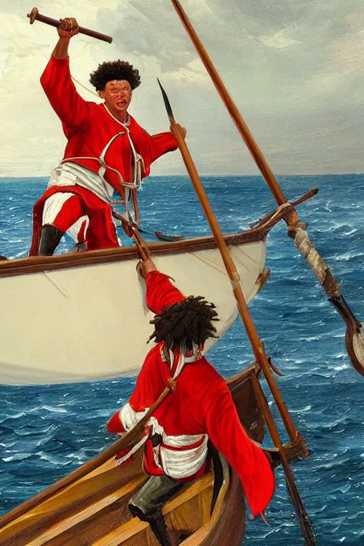 Prompt: patrick mahomes in an 1 8 th century whaler rowboat, brandishing a whaling harpoon, the harpoon is sharp, he's on an old sailing boat, oil painting, coherent, highly realistic, anime style