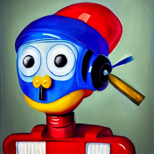 Image similar to Cute blue robot with moustache and red french beret. He is holding a paint brush. photorealism