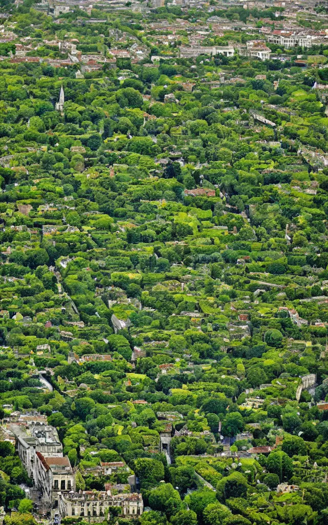 Prompt: bordeaux invaded by vegetals as a jungle, photorealistic