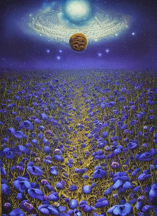 Image similar to detailed, intricate blue black and purple papaverum flower on the field, nebula, galaxy in the sky, winning award masterpiece, fantastically beautiful, illustration, aestheticly inspired, jacek yerka, upscale with anguissola sofonisba work, artstation, 8 k