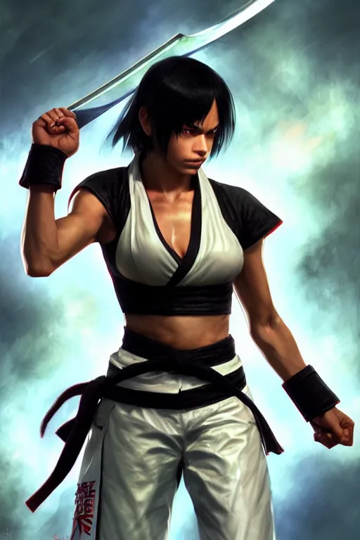 Image similar to Tekken 4 fighter anime Stunning Portrait Rosario Dawson with Karate master uniform, short black hair with a sword on her back in a fighting stance, digital painting, artstation, concept art, soft light, hdri, smooth, sharp focus, illustration, art by tian zi, craig mullins, Mark Arian, WLOP, alphonse mucha