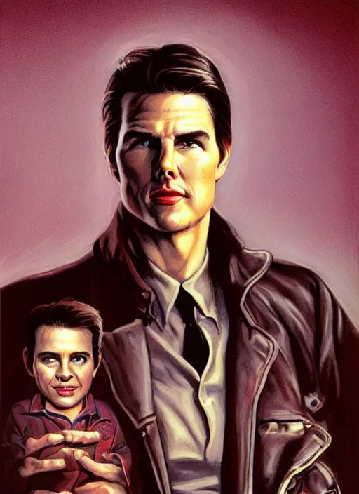 Image similar to portrait of innocent tom cruise, evil beings scheme to control him, twin peaks poster art, from scene from twin peaks, by michael whelan, artgerm, retro, nostalgic, old fashioned, 1 9 8 0 s teen horror novel cover, book