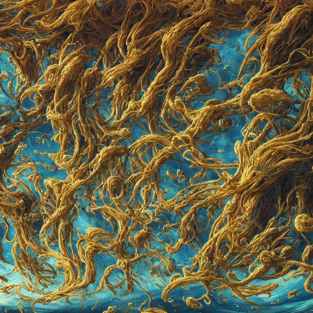 Prompt: beautiful and artistic mycelium on a fantastic planet and unusual inhabitants of the oceans, highly detailed, Allegorical Painting