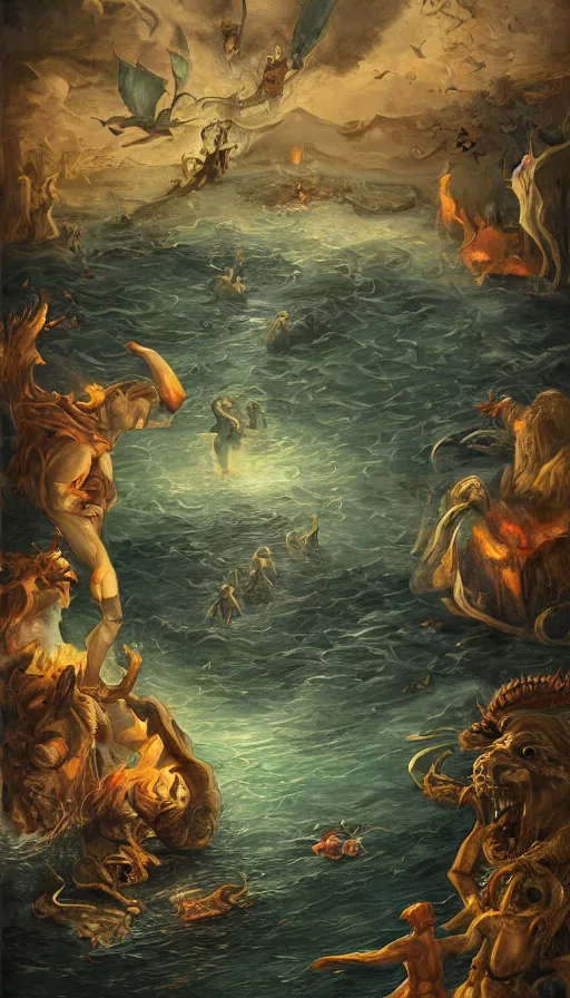 Prompt: man on boat crossing a body of water in hell with creatures in the water, sea of souls, by studio 4 c